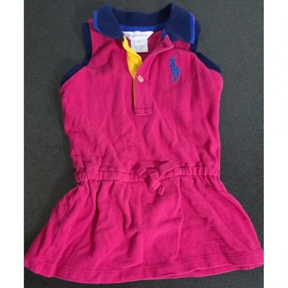 RALPH LAUREN Baby Girl Polo Tunic‎ Dress 9 Months Pink Blue Tennis EUC